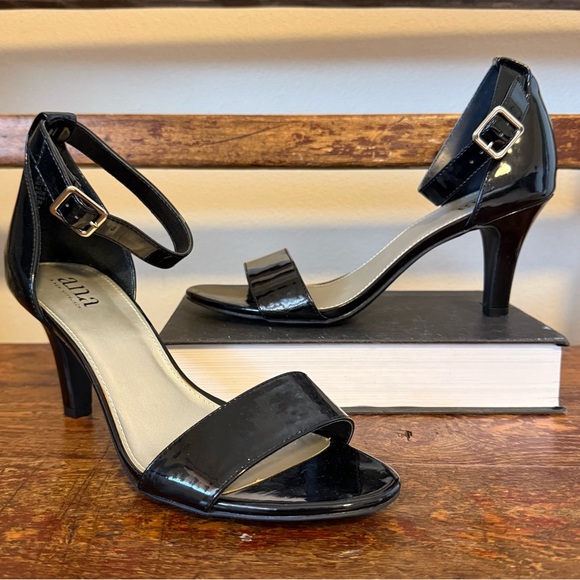 A.n.a. Black Patent Leather Open Toe Heels Sandals a New Approach Shoes - Picture 1 of 13